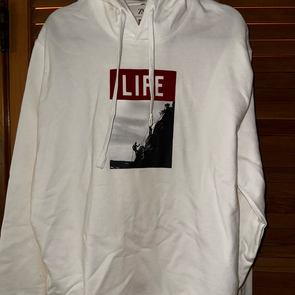 Zara White Hoodie with Red LIFE Graphic